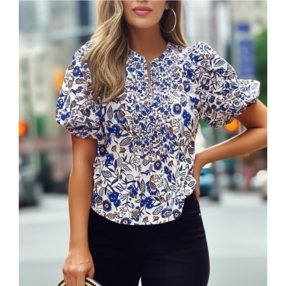 Shoshanna Odelia Floral Blouse Short Puff Sleeve Designer Womens Sz XS MSRP $320